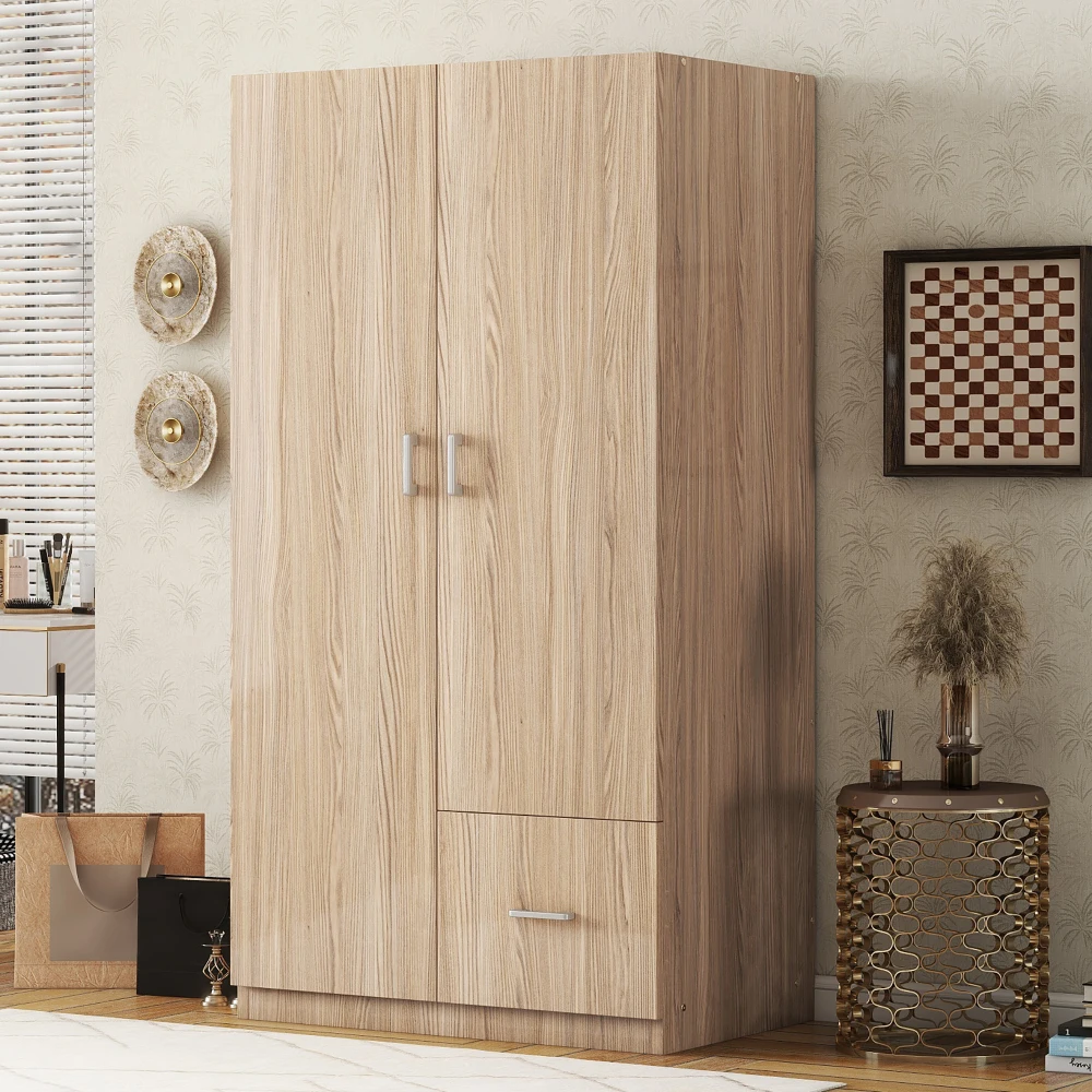 Wooden Wardrobe with Double Doors Armoire with Hanging Rod 5 Fixed Shelves One Storage Drawer Natural Bedroom Living Room Chest