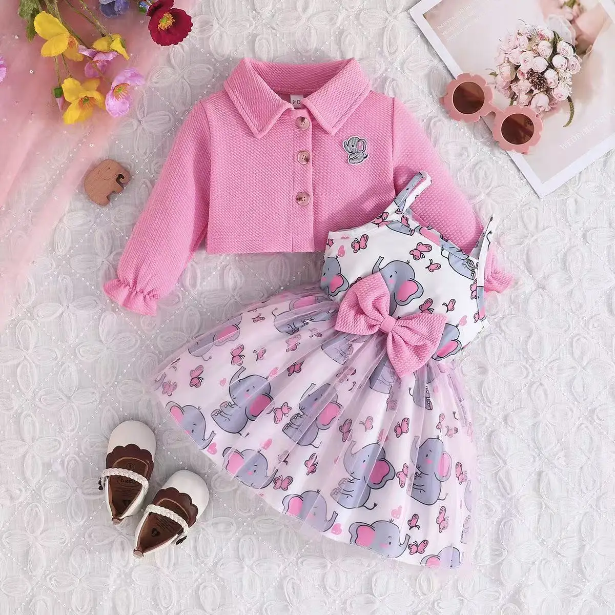 

2025 New Europe and The United States Two-piece Set Of Baby Girl Long-sleeved Jacket + Animal Pattern Print Bow Net Skirt