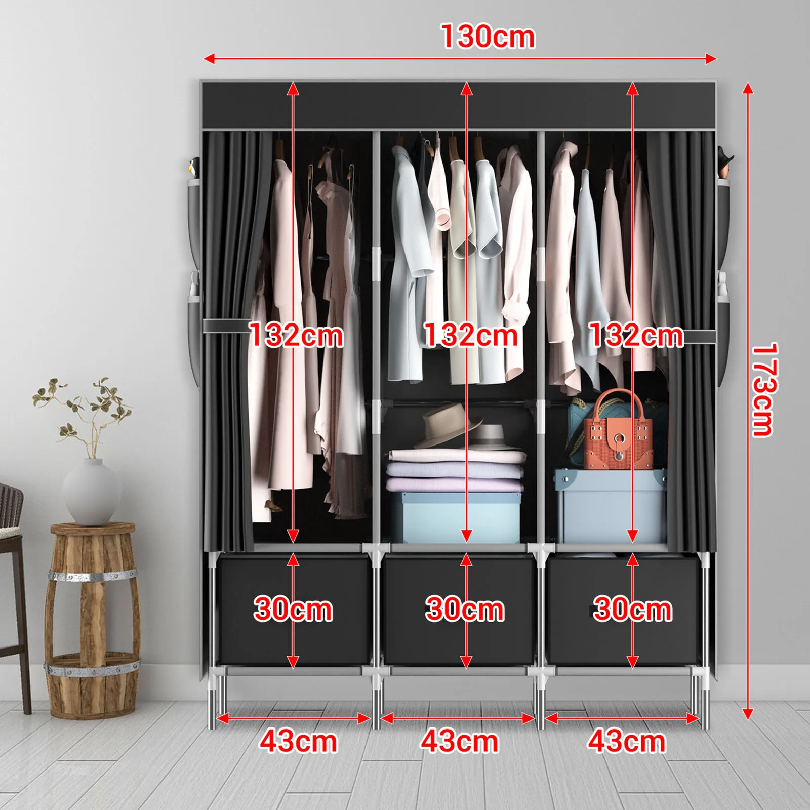 Canvas Wardrobe, Portable wardrobe Pop up wardrobe,Versatile Fabric Wardrobe with 3 Storage areas and 3 Hanging Rail 8 Side Bag