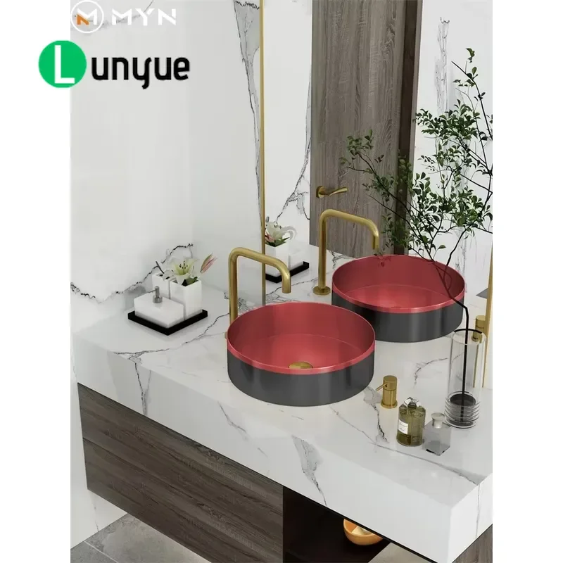 Red SUS 304 Stainless Steel Round Countertop Mount Basin Sink Bathroom Decoration Durable Modern Style Washbasin for Home