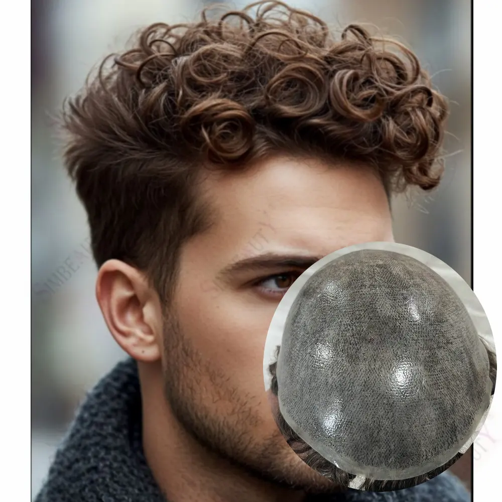 

Необнаружимый светло-коричневый 20 мм вьющийся мужской парик из человеческих волос прочный полный парик из искусственной кожи мужская система замены волос протез