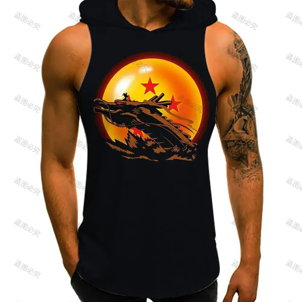 Men Tank Top Vest With Hood Trend Dragon Ball Z Bodybuilding Man Fashion Sleeveless Vests Super Saiyan Goku Men's Clothes Tops