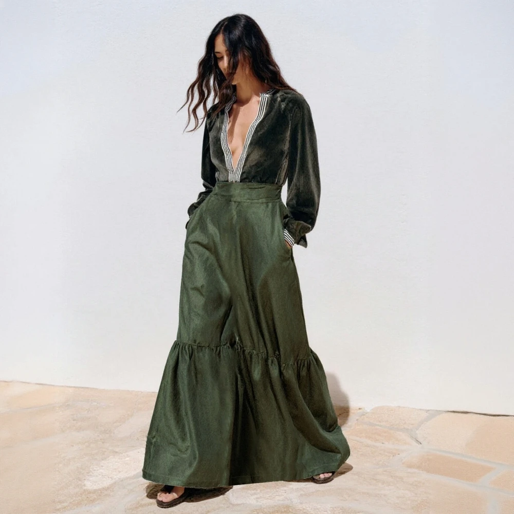 تنورة نسائية طويلة أنيقة ذات لون سادة من High Street على شكل حرف A بخصر طبيعي موضة الصيف والخريف