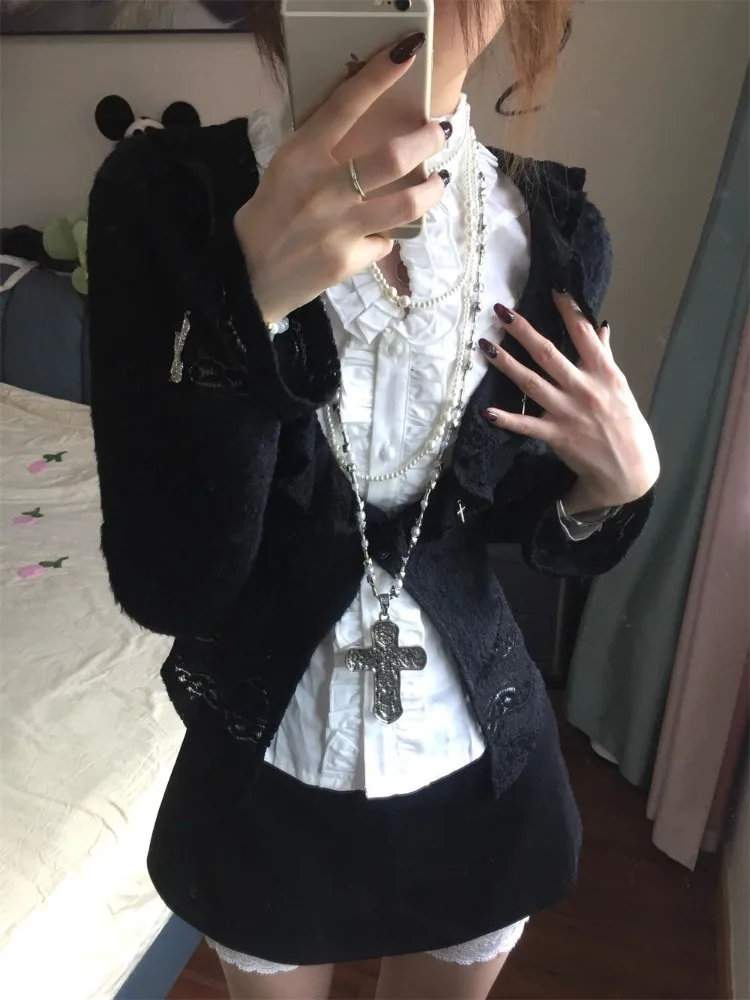 DEEPTOWN Japanese Gothic Knitted Cardigan Women Y2k Harajuku Long Sleeve White Shirt V-neck Hollowed Out Sexy Black Cardigan Top