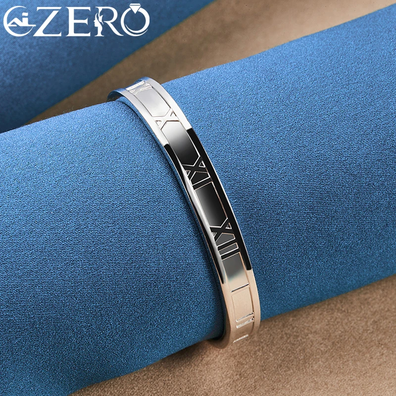 ALIZERO 925 Sterling Silver 7mm Roman Numerals Cuff Bangle Bracelet For Man Women Wedding Engagement Party Jewelry Accessories