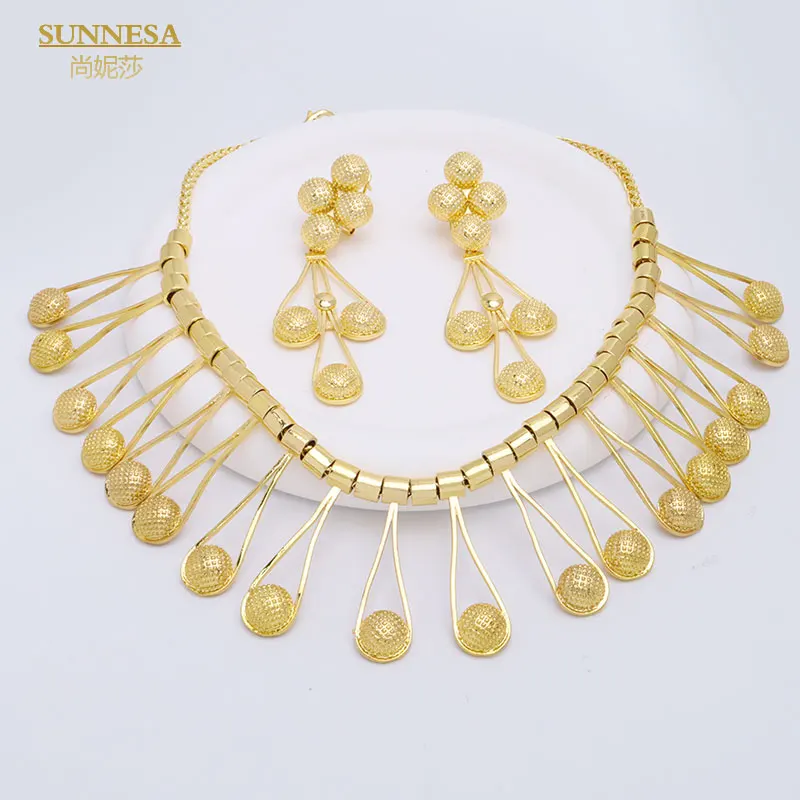 SUNNESA Brazilian Jewelry Set for Women 18K Gold Plated Senegal Style Big Necklace Geometric Spherical African Drop Earrings