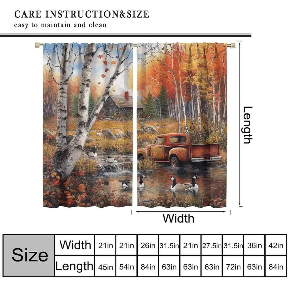 Autumn Scene Red Pickup Curtains with Ducks and Birch Trees, 42x84 Inch, 2 Panel for Living Room or Bedroom