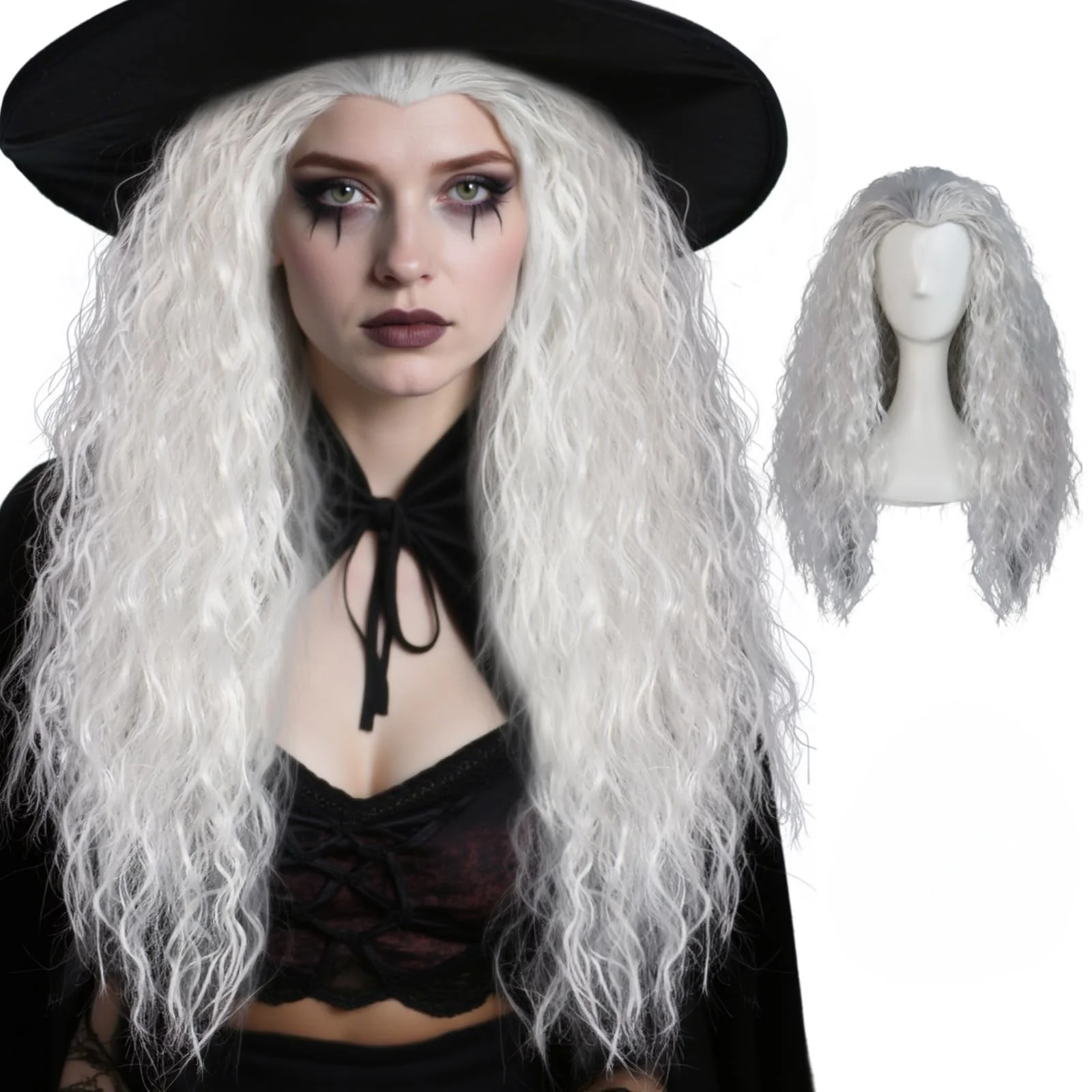 

Silver white fluffy curled long wavy hair synthetic wig | retro witch role-playing wig | corn perm wig