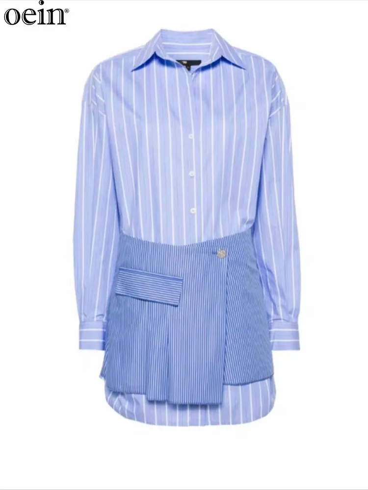 [oein] 2024 Autumn New Style Temperament Design Sense, Blue And White Stripes, Hip Hugging Skirt, Shirt Skirt MFPRO03664