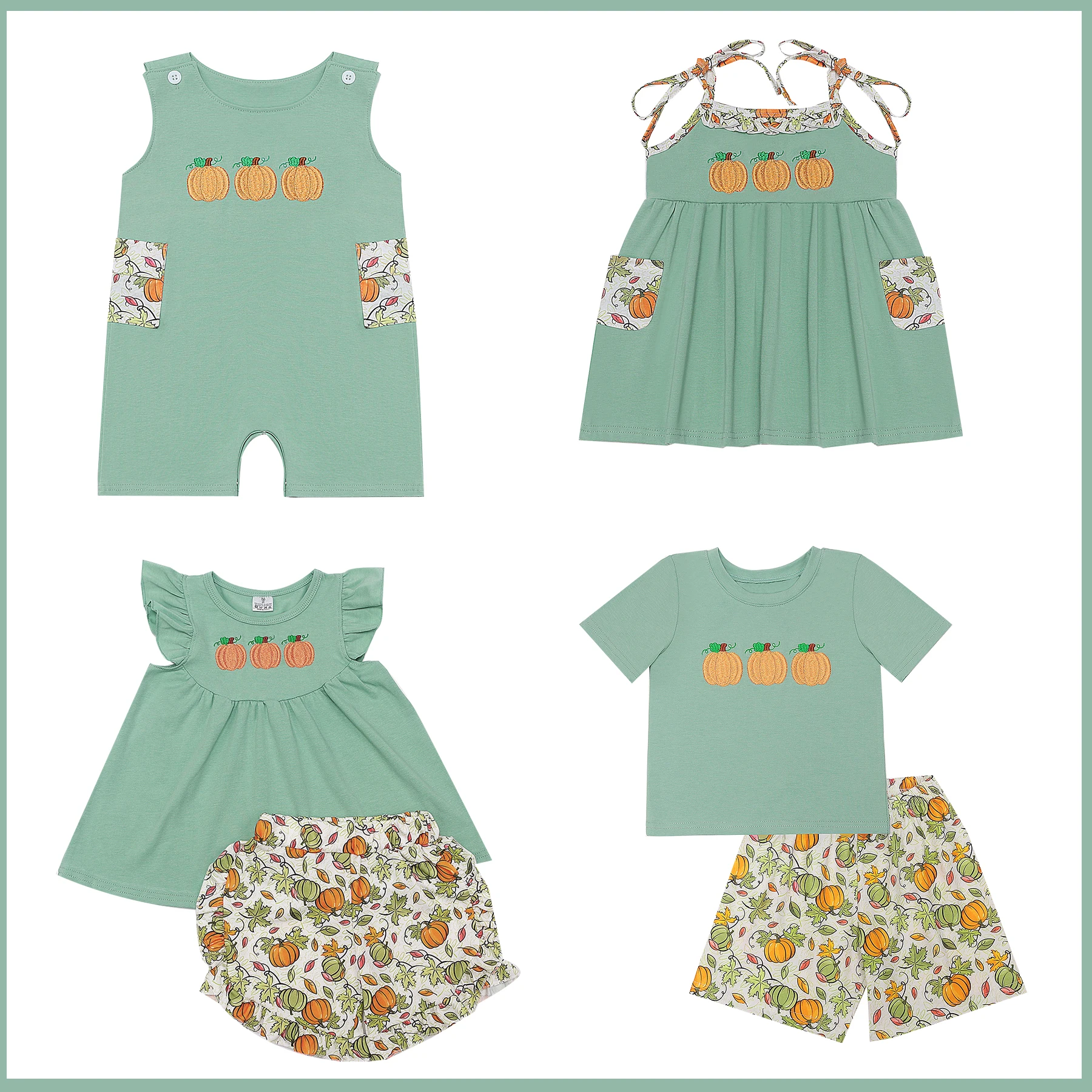 Boutique Sleeveless Set Round Neck Cute Pumpkin Embroidery Boy Green Top Clothes And Printing Pants With Girls Sister Romper