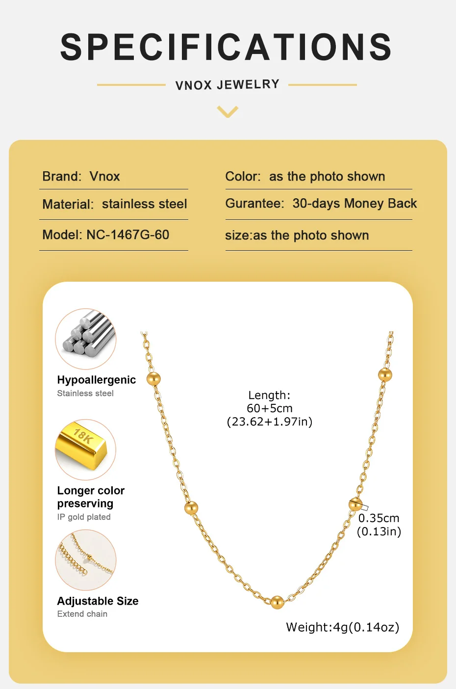 Vnox Minimalistische Vergoldete Spacer-Perlenkette für Damen, Trendige Edelstahl-Allzweckkette, Wasserdicht – Detail 4