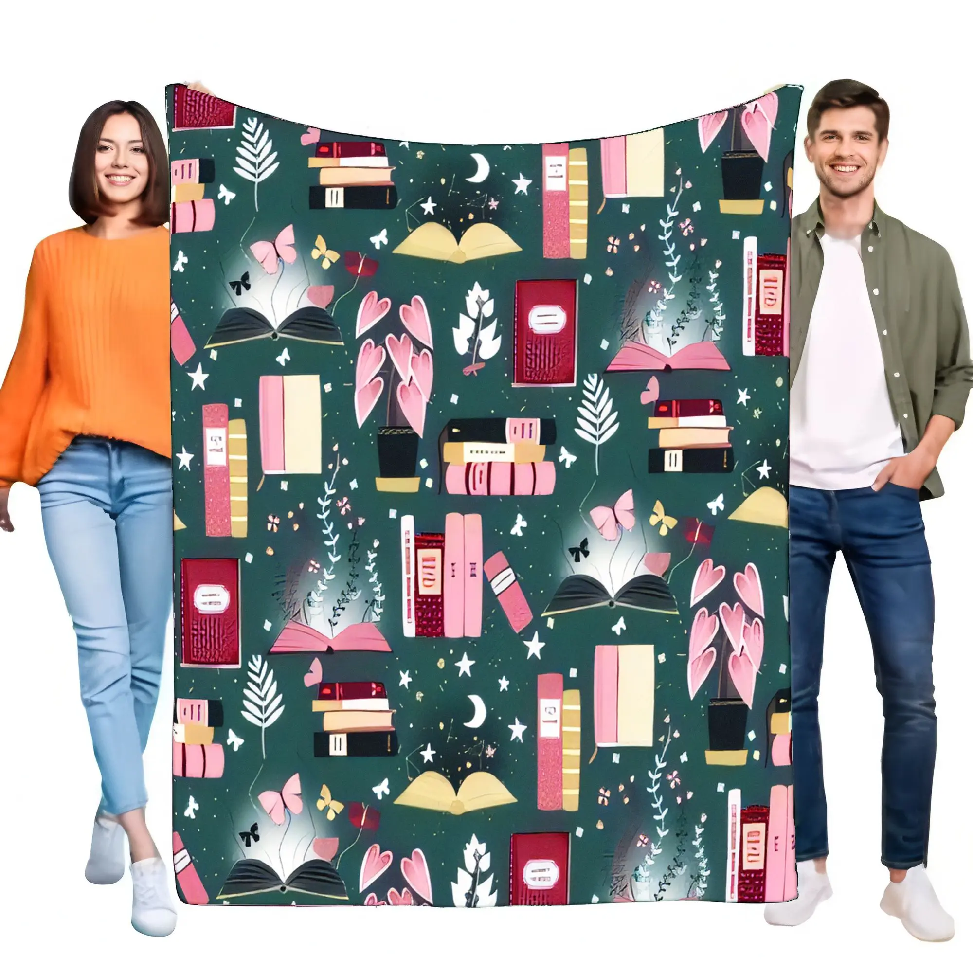 Green Literary Book Theme Fleece Throw Blanket, Cozy Soft Warm Lightweight Bed Sofa Decor for Bookworms, Magic Books Gift
