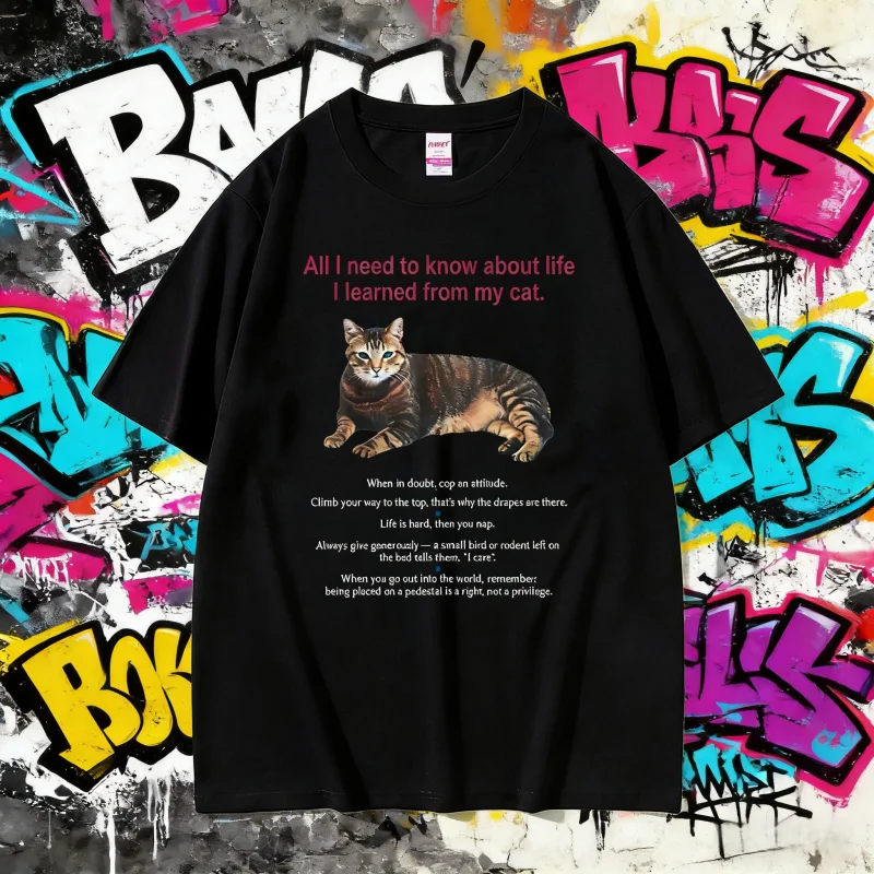 2025 الصيف كل ما أحتاجه معرفته عن الحياة التي تعلمتها من قطتي الرسم الرجال النساء القطن المتضخم للجنسين Kawaii لطيف تي شيرت