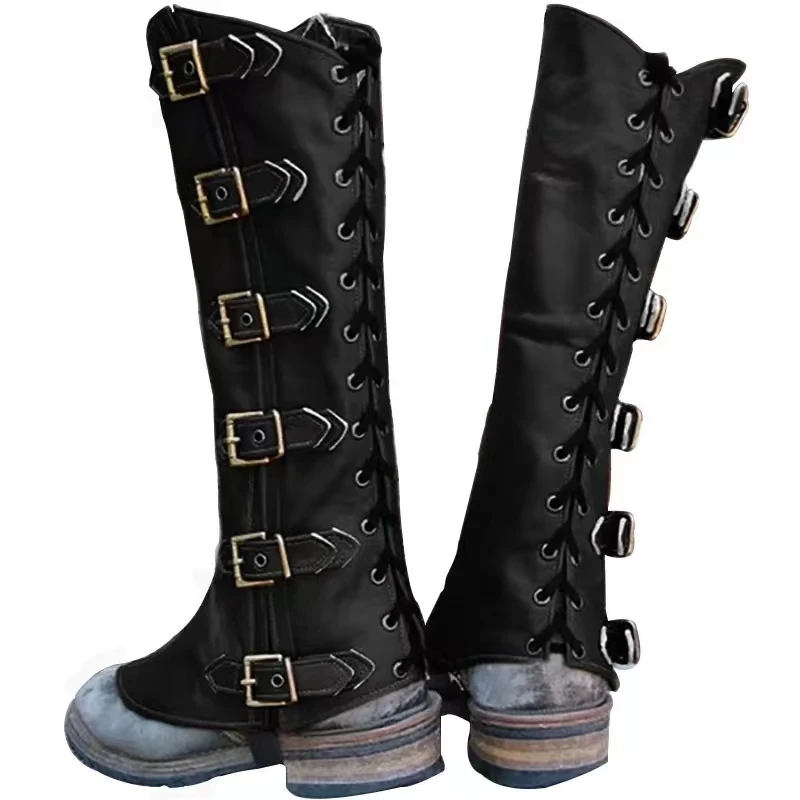 Mittelalter liche Wikinger Rüstung Leder halbe Chaps Schnürung Schnalle Schuhe Stiefel Abdeckung Steampunk Vintage Wander gamasche Männer Frauen Larp Knight