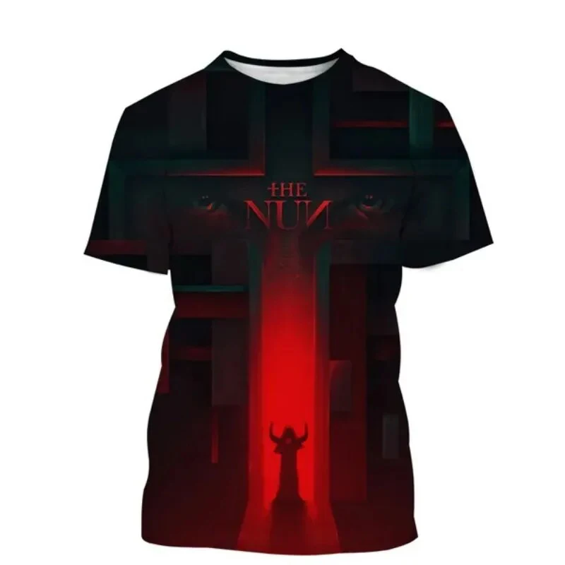 فيلم الرعب الراهبة ثلاثية الأبعاد تي شيرت مطبوع الرجال النساء موضة س الرقبة قصيرة الأكمام تي شيرت المتضخم Harajuku تيز القمم الذكور الملابس