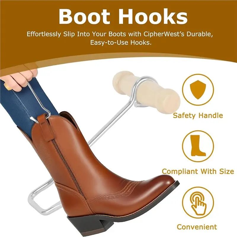 SOFT-Wooden Handle Boot Hooks- Pair Of Metal Shoe Hooks For Effortless Boot Pulling(2 Pcs), Ideal For Cowboy Boots Puller