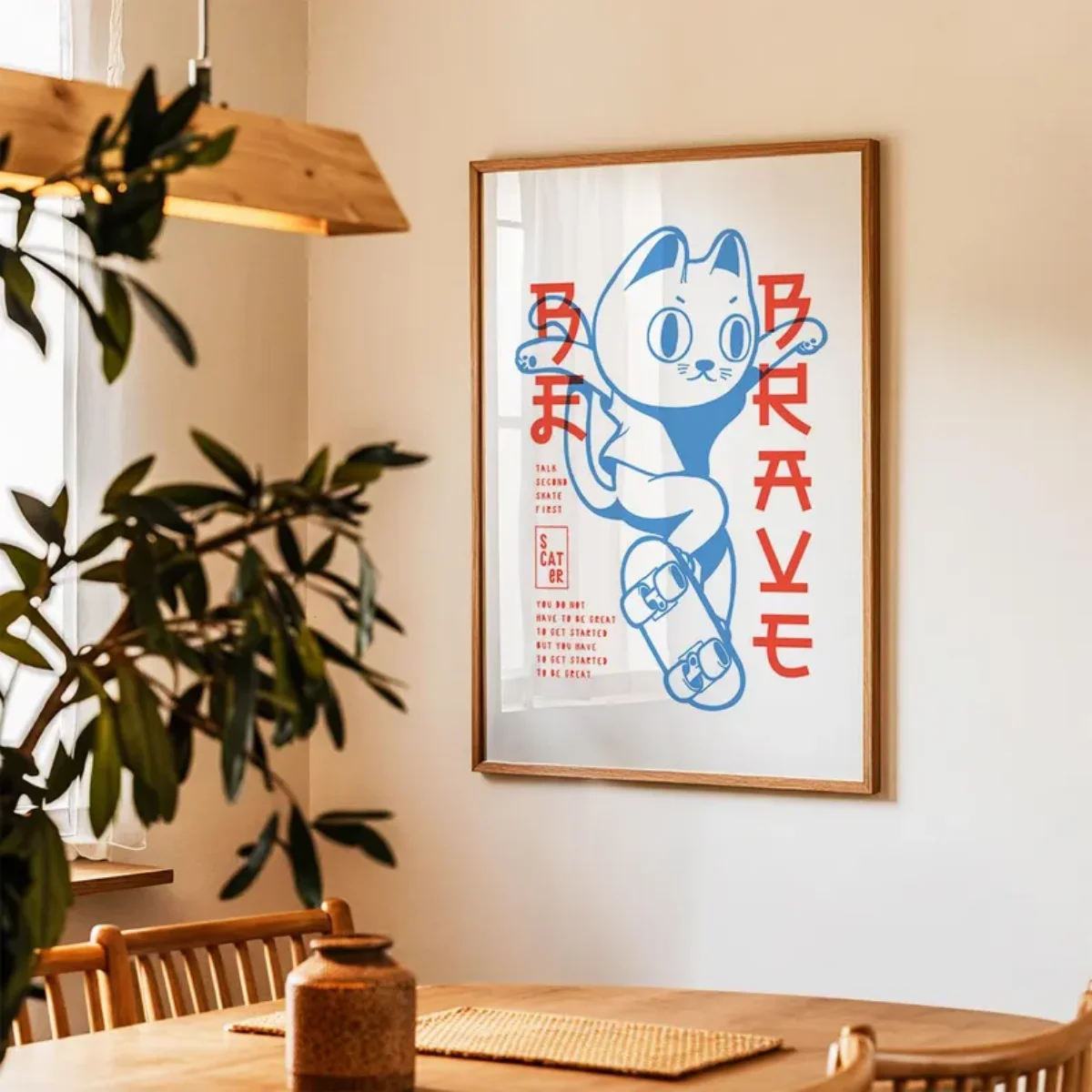 Japanese Be Brave Skater Cat Canvas Prints Poster Modern Funny Animal Abstract Art Prints Bedroom Wall Art Home Decor Art Poster