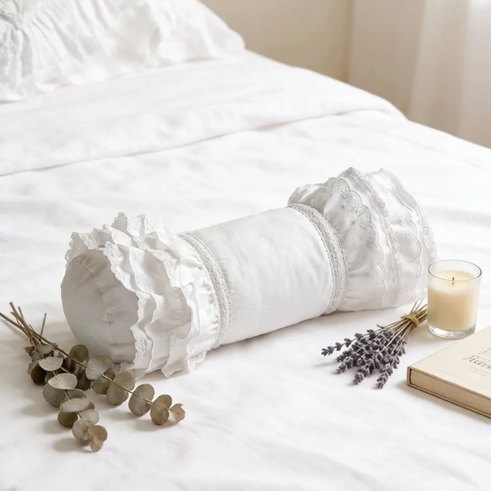 Korean Nordic Style Solid Color Versatile Lotus Leaf Edge Lace Pure Cotton Candy Pillow Cylindrical Core Multi-color 100% Cotton
