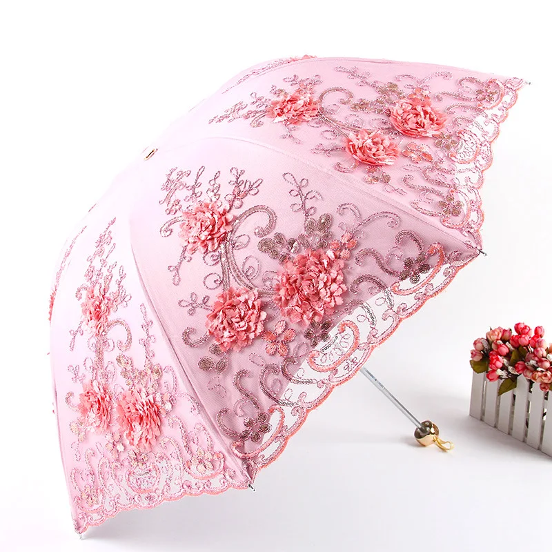 New Fashion Vintage Embroidered Lace Folding Princess Umbrella Summer Outdoor Portable UV Protection Sun Umbrella Sunny Umbrella