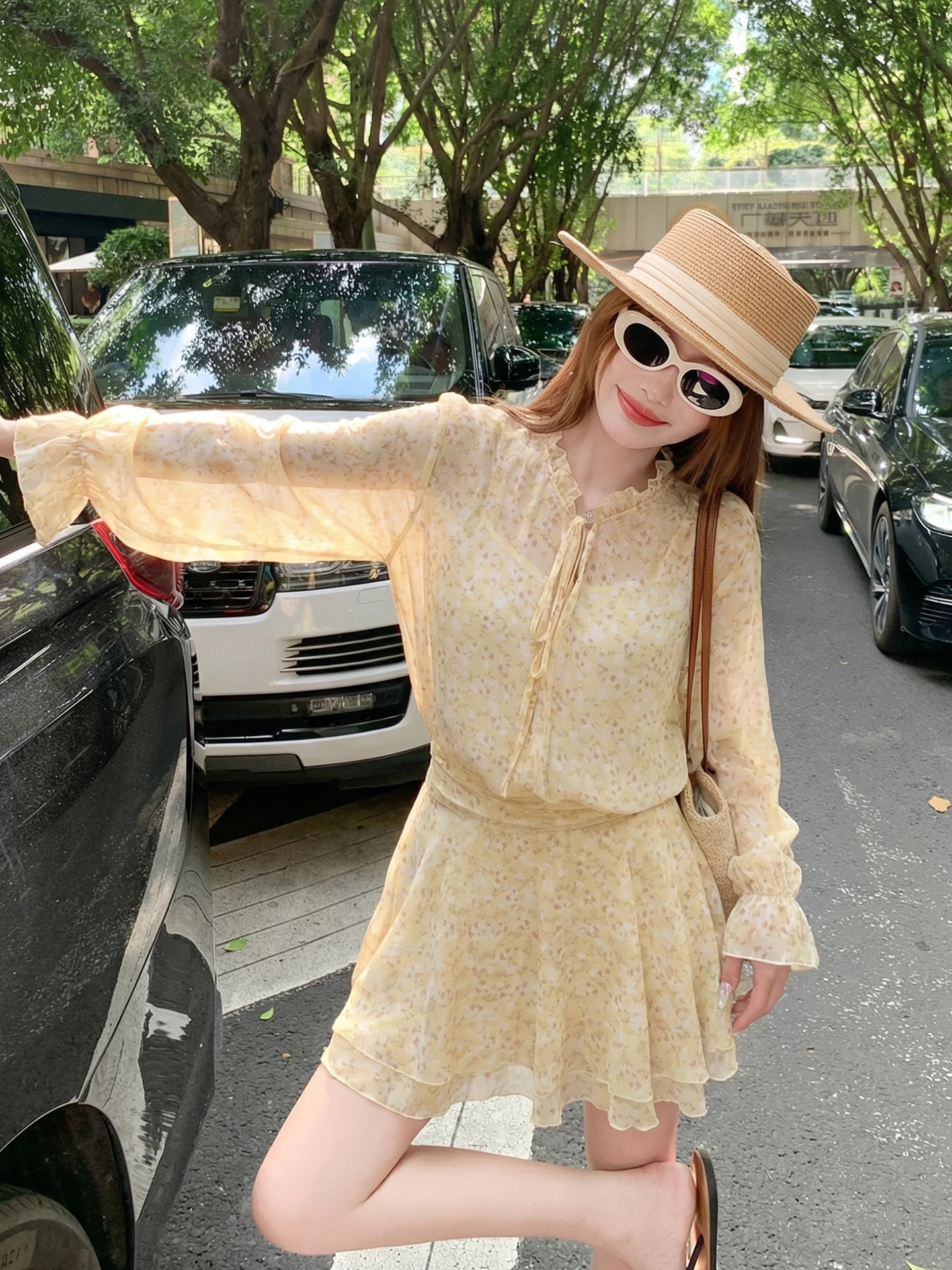 

Cheng Xiao Xian Korean Style Long Sleeve Floral Print Dress Women's Fashionable Yellow Short Skirt Slim Fit Daily Wear
