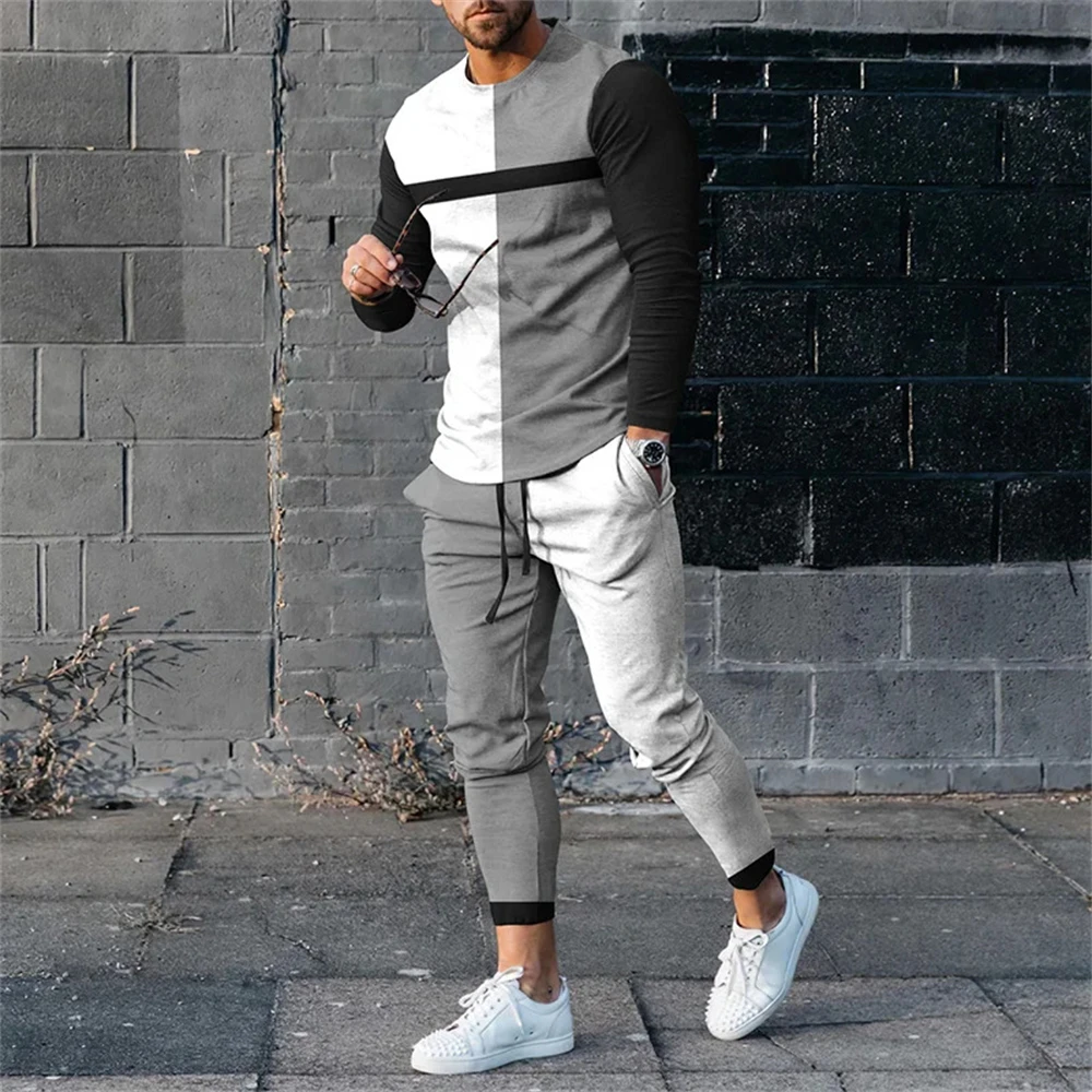 Autumn Casual Fashion 3D Print Men\'s Sportswear Set Long-Sleeved T Shirt Pants 2-Piece Set Oversized Pullover Men Clothing