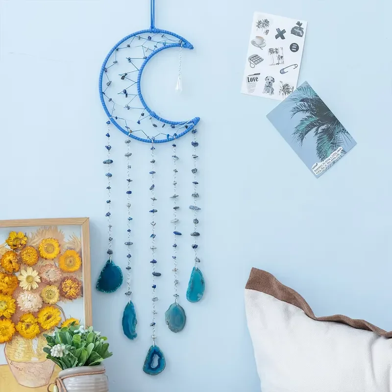 India HZ hand-woven wind chimes feather decorative agate flakes moon small pendant handicraft dream catcher pendant