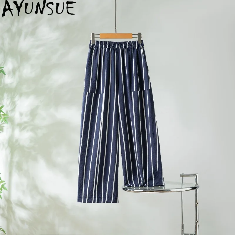 AYUNSUE 76% Silk Women's Pants and Trousers Vacation Style Striped Pants for Women Elastic Waist Casual Pants Woman Clothes 바지