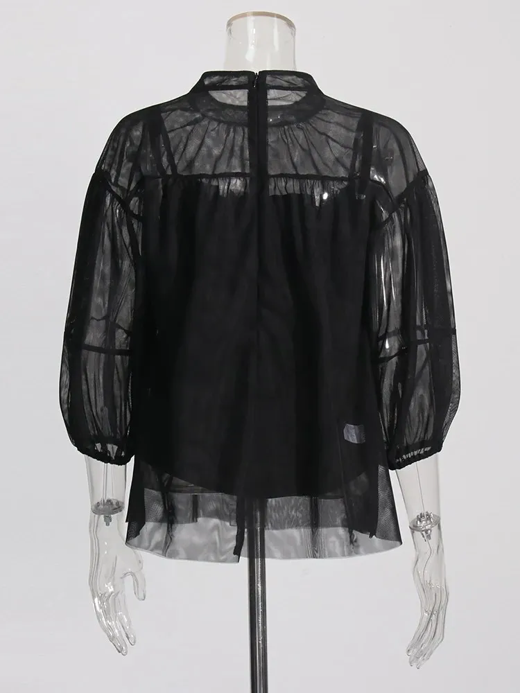 ECR Casual Patchwork Sheer Mesh Blouses For Women Round Neck Long Sleeve Minimalist Solid Loose Shirts Female Spring Fashion New