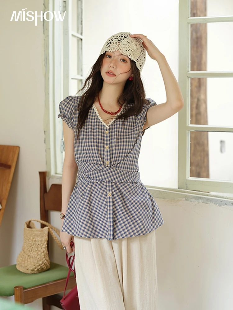 MISHOW Women's Lace V-neck Puff Sleeves Plaid Blouses 2026 Summer Fashion Button Belt Waist Tops Female Clothing MXE36X1814 view 5