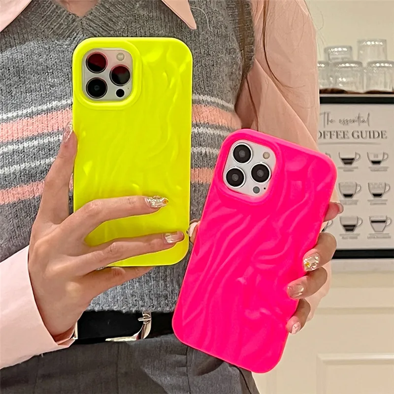 

Fluorescent Yellow 3D Frosted Folds Pattern Phone Case For iPhone 15Pro 14 13 11 12 Pro Max Japan Cute Silicone Shockproof Cover