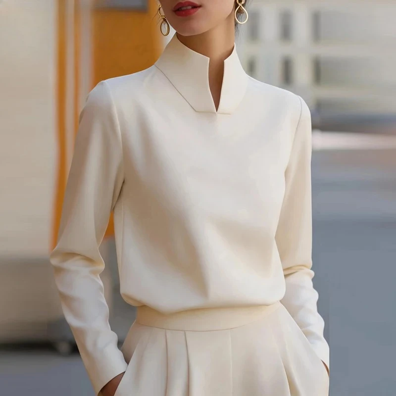 Women Spring Autumn Casual Pullovers Split Neck Long Sleeve Blouse Women Elegant Stand Collar Office Lady Shirts Loose Shirt