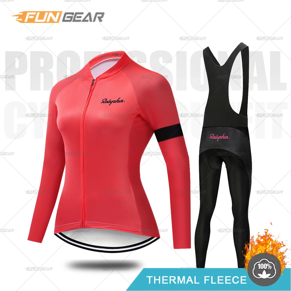 Thermal Fleece Cycling Clothing Set for Women, Long Sleeve Jersey Set, Warm Jacket, Road Bike, Bib Pants, Lady Clothes, Winter F