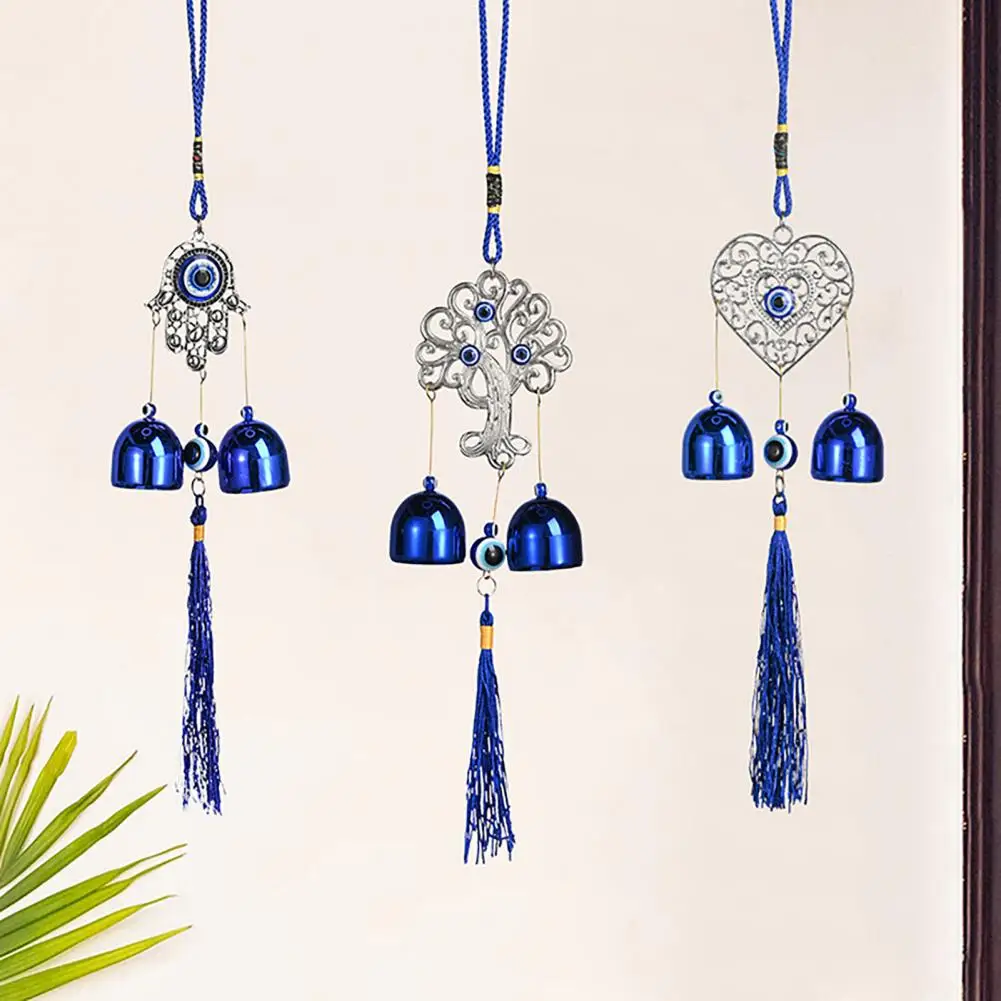 Blue Evil Eyes Wind Chime with 2 Bells Garden Patio Outdoor Hanging Elephant Heart Butterfly Tree Metal Wind Bell Decoration