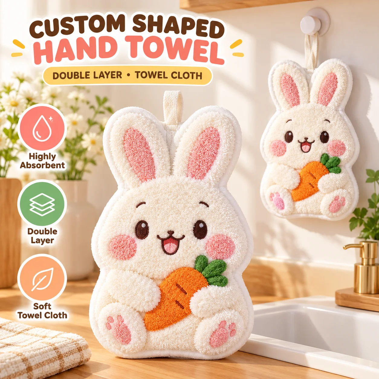 20x20cm Custom Shaped Hand Towel Personalized Hand Towel Double Layer Towel Cloth Hanging Kitchen Bathroom Absorbent Washcloth