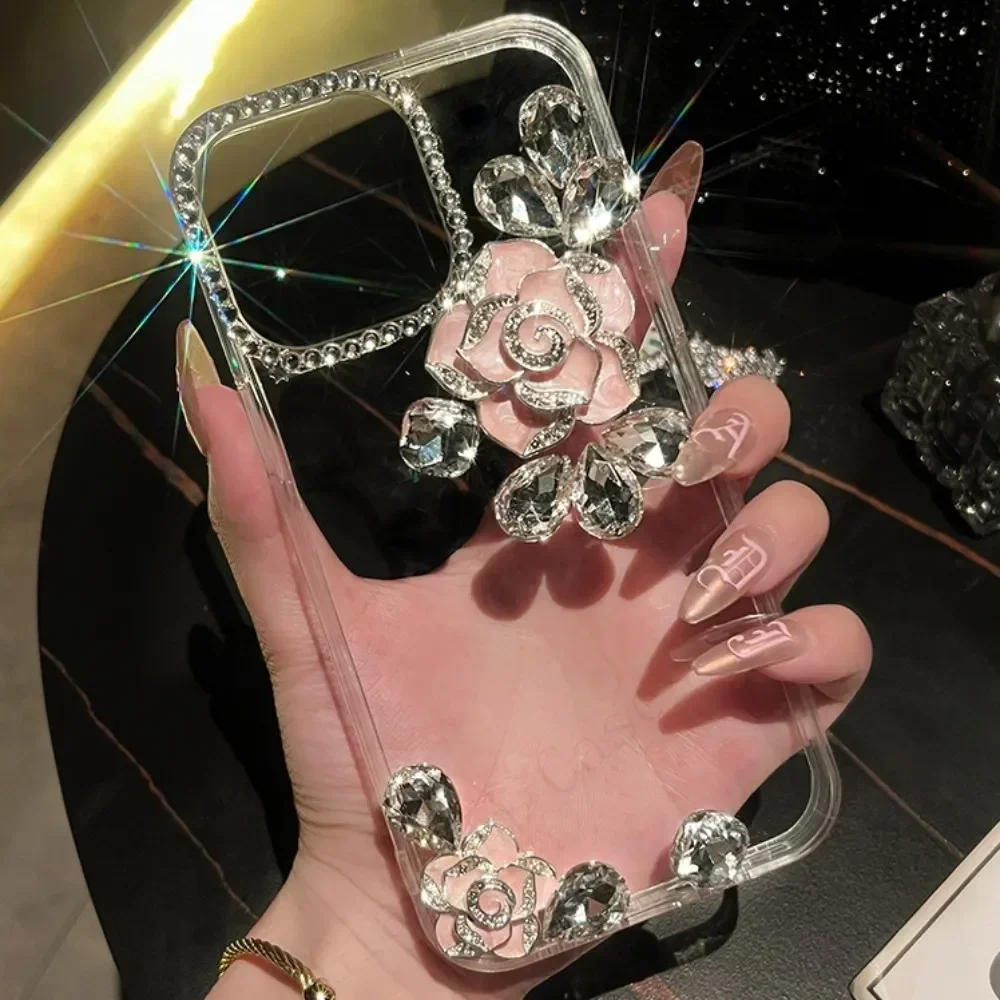 3D Bling Diamond Camellia Flower Glitter Crystal Phone Case For Xiaomi Redmi9A 9C Note8 9Pro Note10S Note11 Pro 12Pro Cover