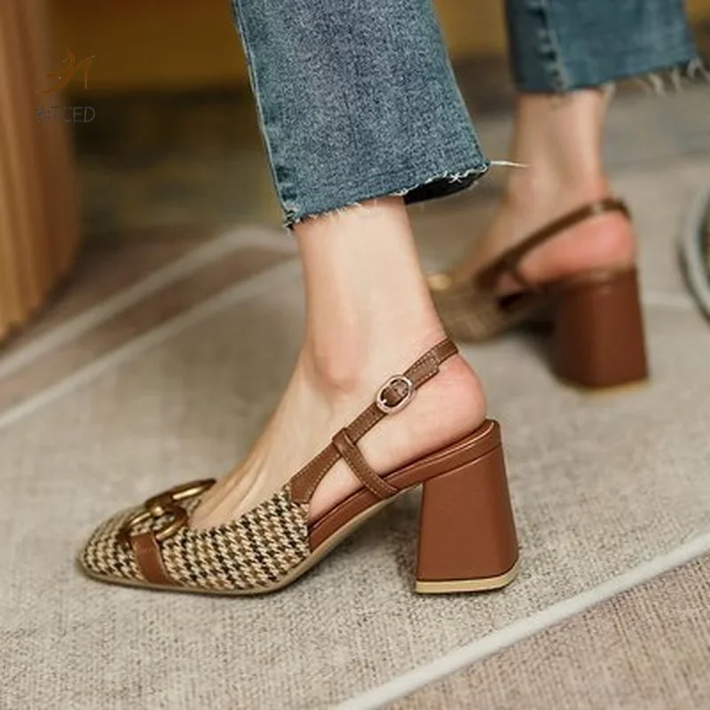 Women\'s Metal Decoration High Heels Summer Square Toe Pumps for Women Vintage Plaid Buckle Lady Sandals Mid Heel Female Pumps