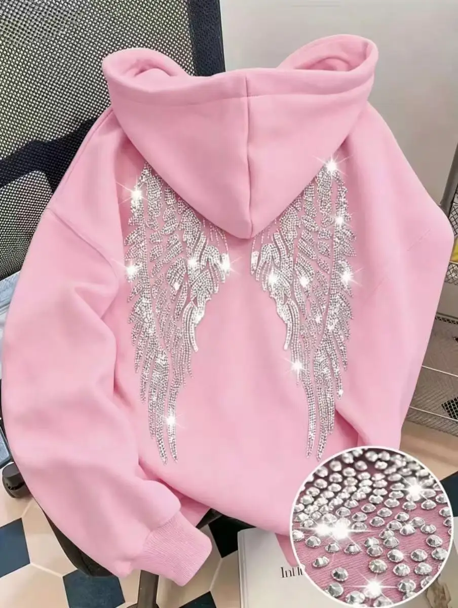 2026 New Trendy Simple Design Wings Hot Diamond Hoodie Casual Loose Women's Hoodie Hoodie Hoodie Jacket
