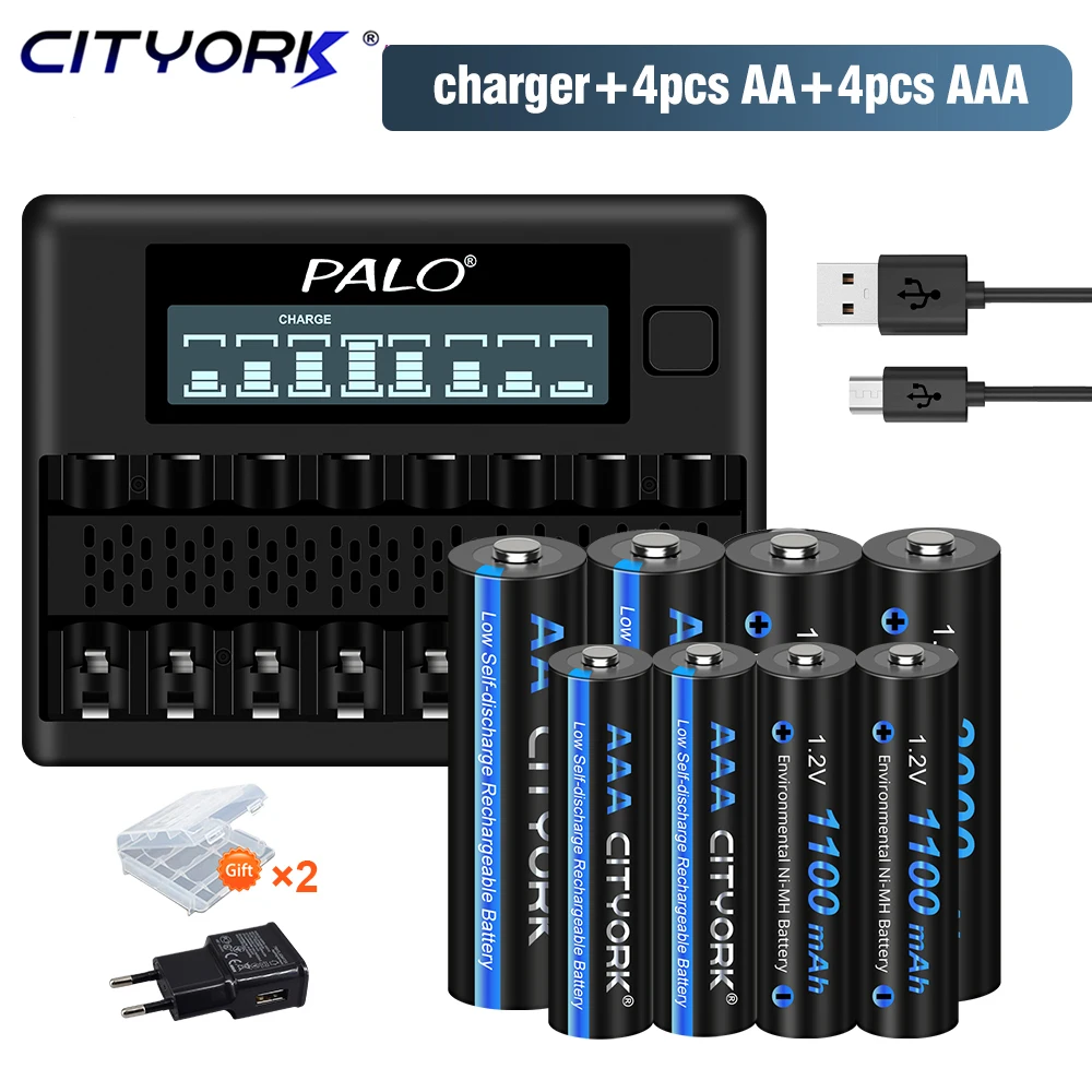 CITYORK 1.2V AA and AAA Rechargeable NIMH battery+  8 Slots LCD USB Battery Charger For 1.2V AA AAA NI-MH Rechargeable Battery