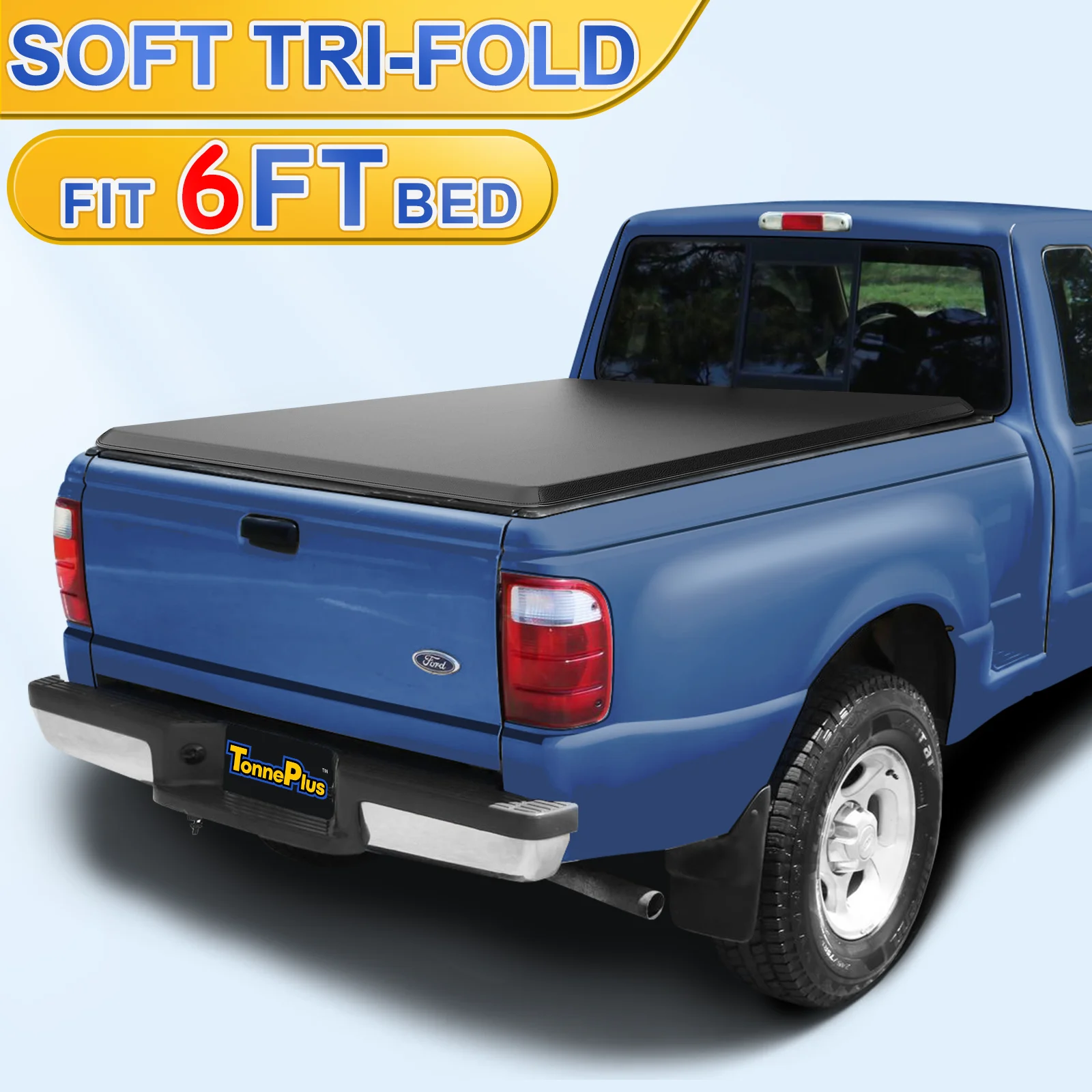 TonnePlus Soft Tri-Fold Tonneau Cover Truck Bed Covers for 1993-2004 Ranger with Flareside/Splash 6' Bed w/ Lamp | 6' (72