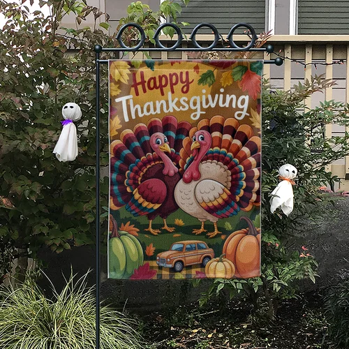 Happy Thanksgiving Garden Flag Double Turkey Fall Decor JJE DDI GGX