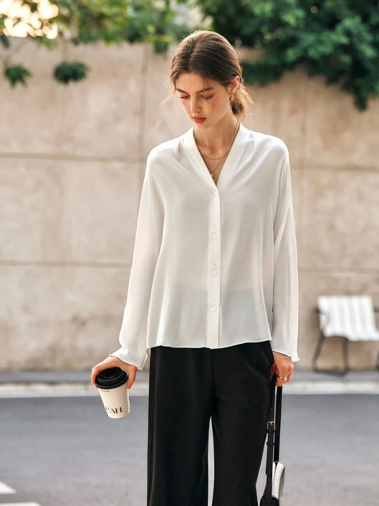 OLrain Women's White Shirts 2025 Autumn Office Lady V-neck Female Shirts Elegant Button Long Sleeve Ladies Shirt M57CC95912