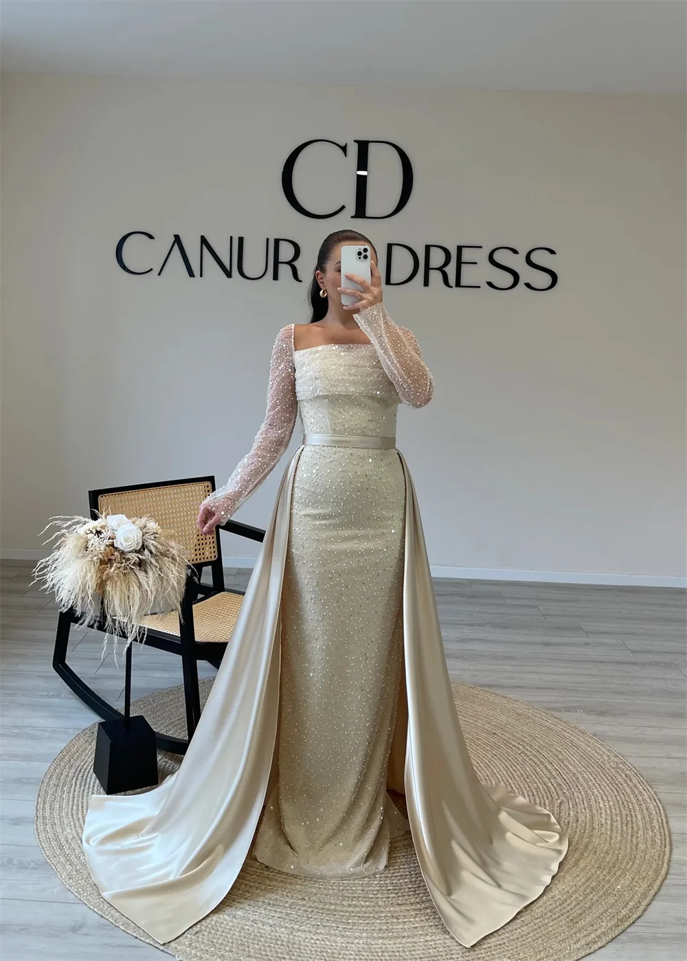 Sansa Exquisite A-line Detachable Tail Sequin Evening Dress Floor-Length Mother Of Bride Dress long Sleeve vestidos de fiesta