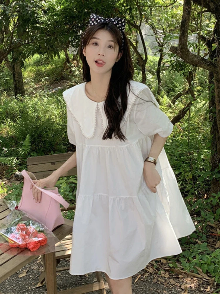 Dresses Women Peter Pan Collar Sweet Loose Simple Summer Knee-length Fashion Chic Ulzzang Princess College Girlish Personality