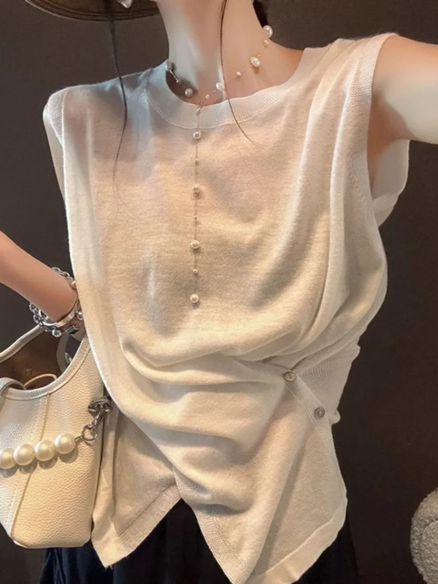 

Корейский легкий дизайн Maturi, вязаный топ без рукавов, женский летний топ 2024, новый жилет нестандартной формы, трендовый мягкий полиэфирное волокно