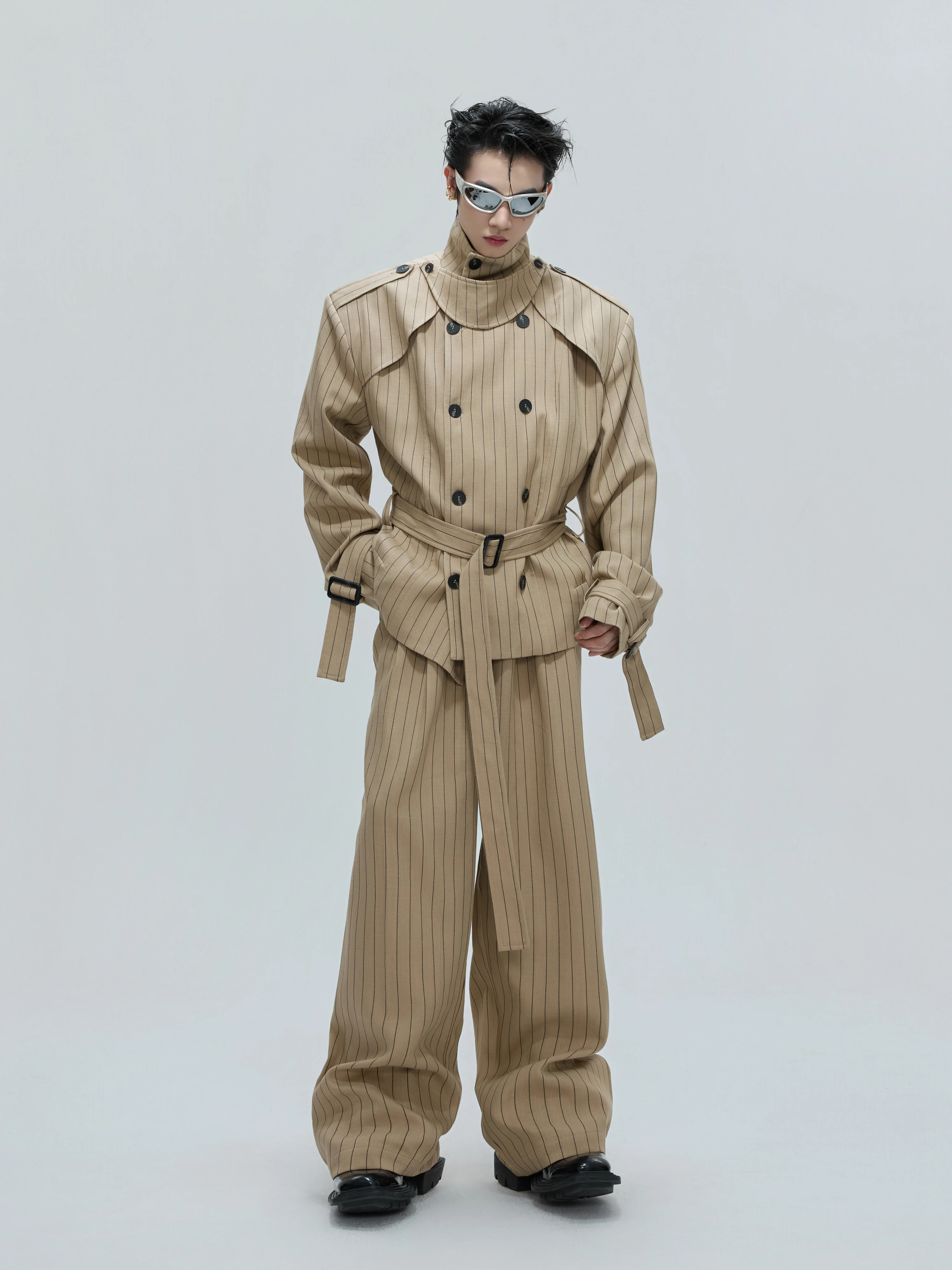 

ArguE CulturE Striped Loose Fit Drapey Belted Windbreaker Jacket Set Youthful Elegant Cotton Nylon Blend Button Decor