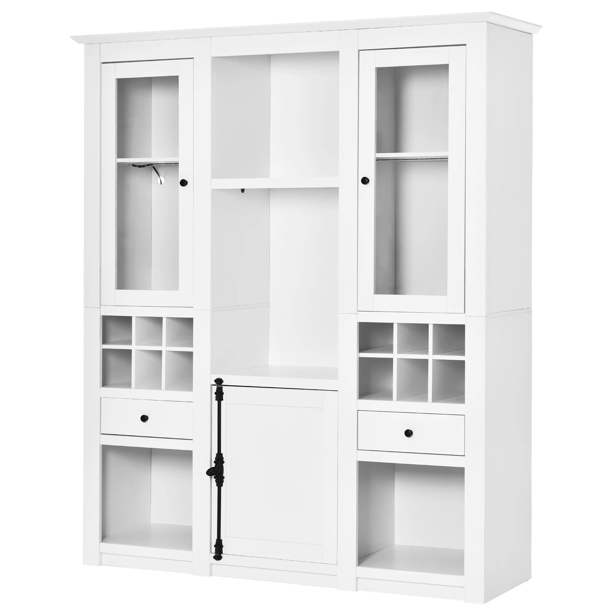 Vitrine blanche à 3 sections avec portes en acrylique, 16 lumières LED à couleurs changeantes contrôlées par application, étagères de rangement pour vin, tiroirs, compartiments ouverts, unité de rangement moderne pour salon, 143x170cm