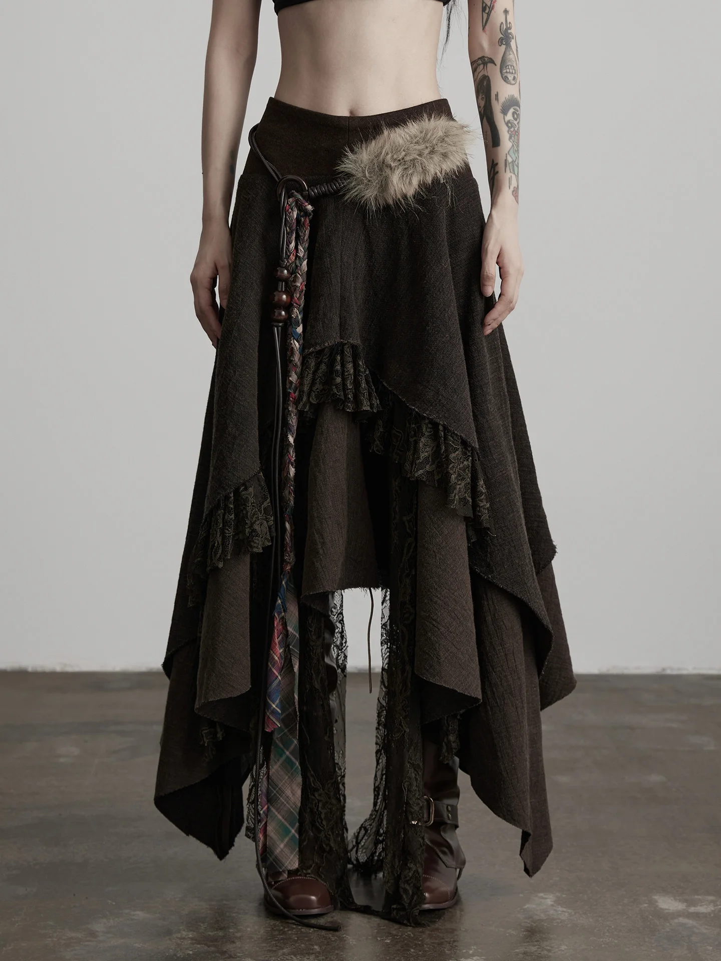 Deep Cocoa Half-length Skirt with Velvet Strap Splicing Irregular Hemline Women's Fashionable Cotton A-line Skirt