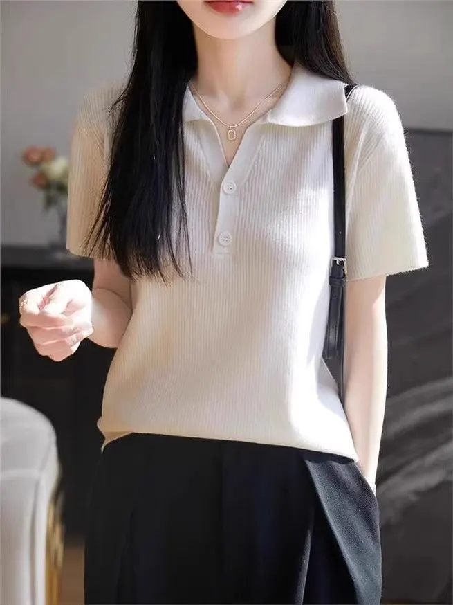 2025 New  Collar Knitted ort Sve T-irt Women's Design Faionable Button up irt Regular Fit Bodycon Top