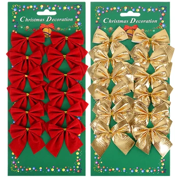12/24pcs Christmas Bow Red Gold Mini Xmas Tree Bowknot Pendant Ornaments for Home…