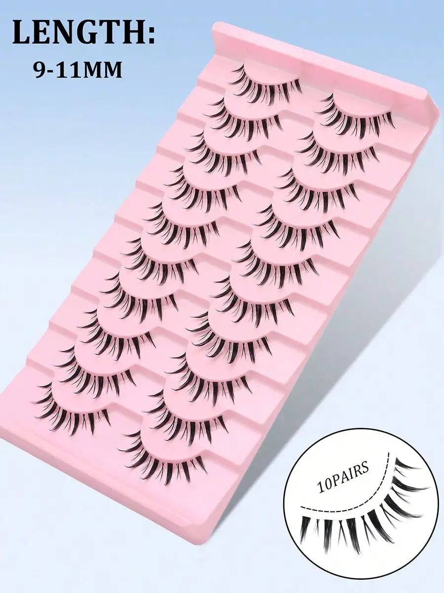 10 pairs of natural transparent stems, fake eyelashes, thin and curled comic style suitable for beginners, reusable, suitable